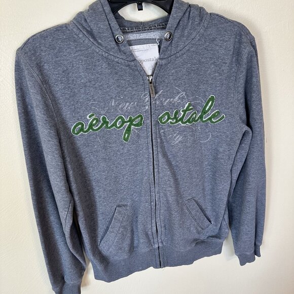 Aeropostale Gray Zip Up Hoodie Green Logo Pockets & Hood Juniors Large - Picture 1 of 7
